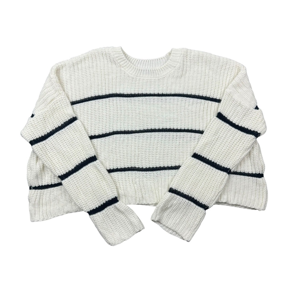 Moon & Madison Sweater Women Medium White Blue Striped Cropped Relaxed Fit Knit